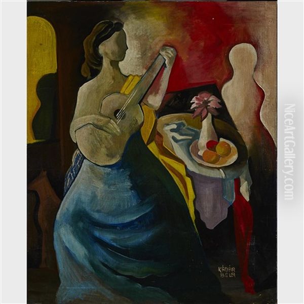 Woman With Guitar And Still Life Oil Painting by Bela Kadar