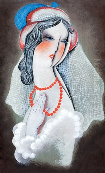 Art Deco Beauty (lady In A Hat With Pearl Necklace) Oil Painting by Bela Kadar