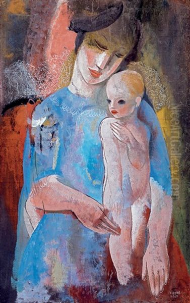 Mother With Child Oil Painting by Bela Kadar