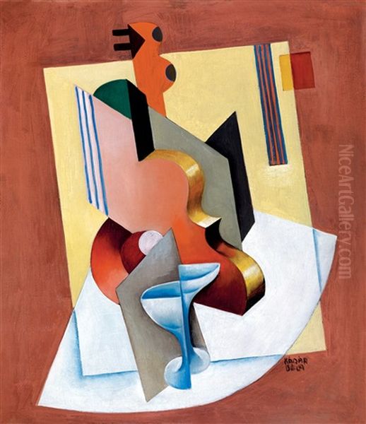 Composition With Fruit Bowl And Violin Oil Painting by Bela Kadar