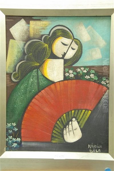 Woman Holding Fan With Flowers Oil Painting by Bela Kadar