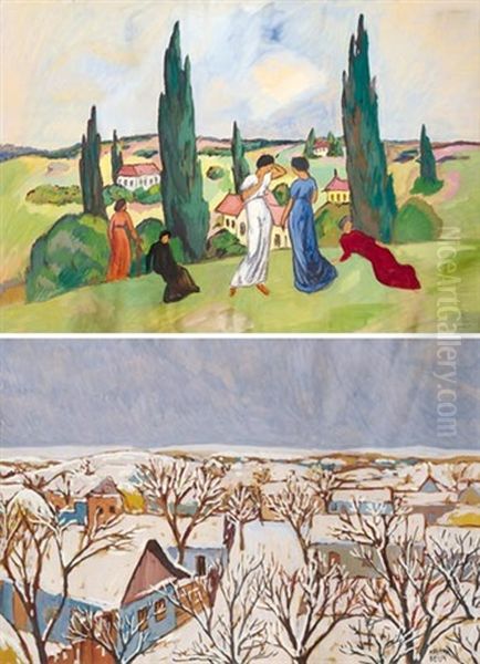 Idyll In Springtime (+ Winter Landscape, Verso) Oil Painting by Bela Kadar