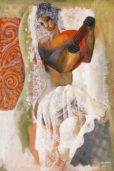 Fatylas No Mandolinnal (veiled Woman With A Mandolin) Oil Painting by Bela Kadar