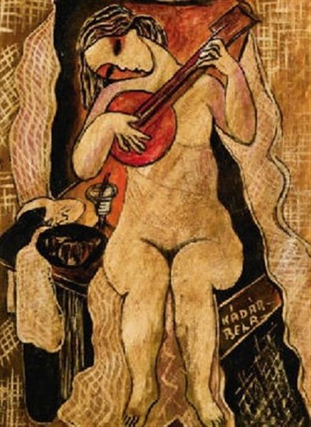 Femme Assise Jouant De La Guitare Oil Painting by Bela Kadar
