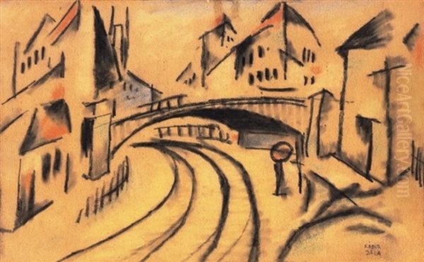 Varos Hiddal, Zollner Brucke Wien - City With Bridge, Zollner Brucke Wien Oil Painting by Bela Kadar