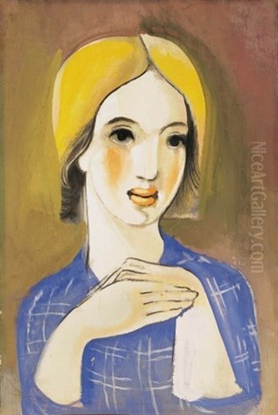 Kekbluzos Lany Portreja (portrait Of A Girl In Blue Blouse) Oil Painting by Bela Kadar