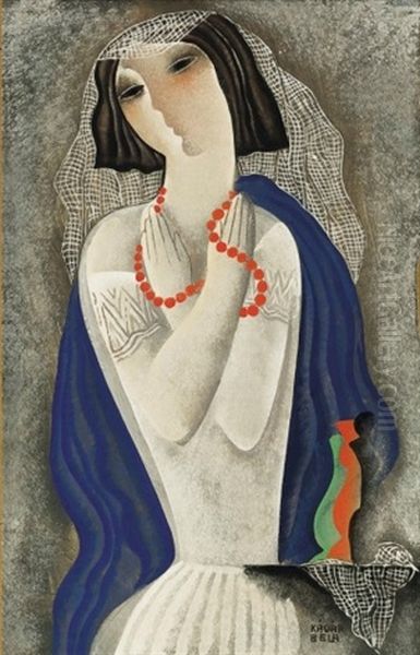 Art Deco Lany Piros Gyongysorral (art Deco Girl Wearing Red Necklace Of Pearls) Oil Painting by Bela Kadar