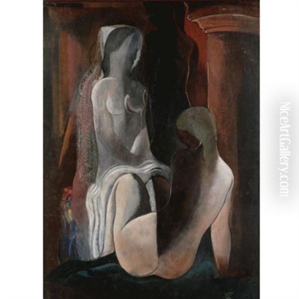 Nudes With Veil Oil Painting by Bela Kadar