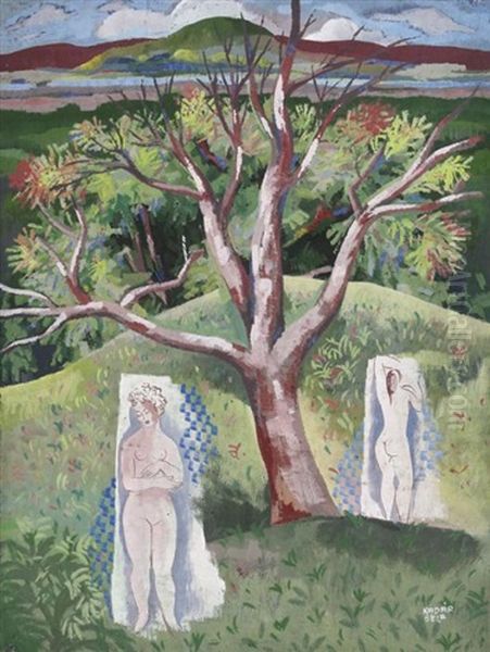 Zwei Weibliche Akte In Einer Landschaft Oil Painting by Bela Kadar