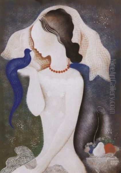 Korallnyaklancos Leany Kek Madarral (girl With A Coral Necklace With A Bird) Oil Painting by Bela Kadar
