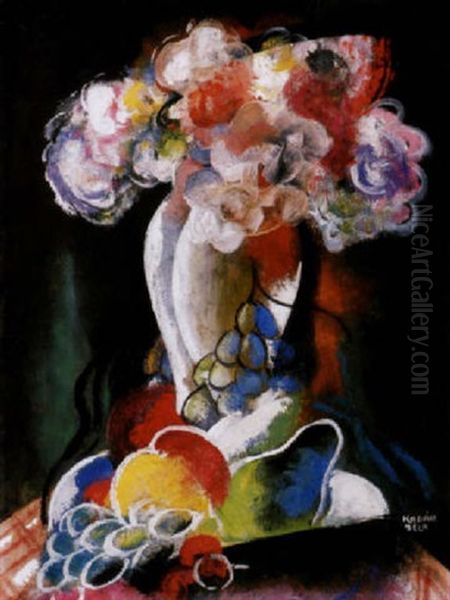 Viragcsendelet Gyumolcsokkel (still-life Of Flowers With Fruit) Oil Painting by Bela Kadar