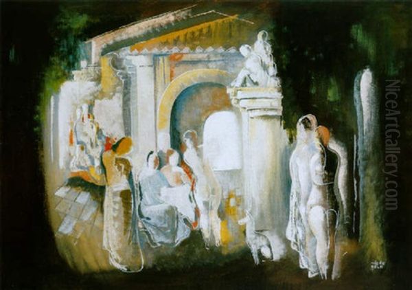 Kompozicio Aktokkal, Kutyaval (composition With Nudes And A Dog) Oil Painting by Bela Kadar