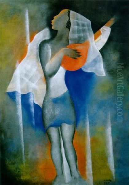 Lany Mandolinnal Kek Hatter Elott (girl With A Mandolin In Front Of Blue Background) Oil Painting by Bela Kadar