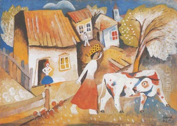 Falusi Jelenet (village Scene) Oil Painting by Bela Kadar