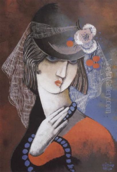 Kek Gyongysoros Lany (girl With A String Of Blue Pearls) Oil Painting by Bela Kadar