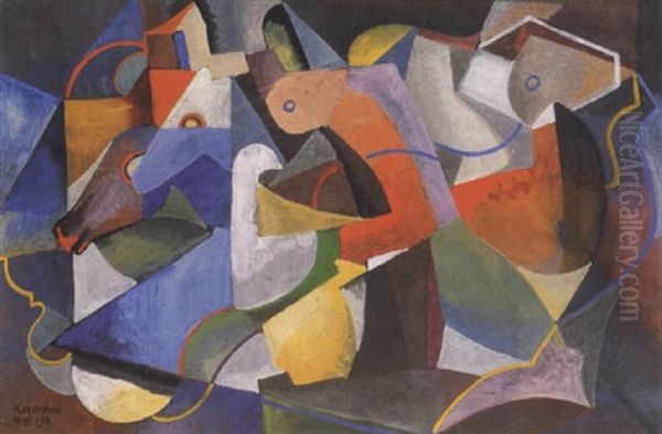 Lovas Kompozicio Figurakkal (horse Composition With Figures) Oil Painting by Bela Kadar