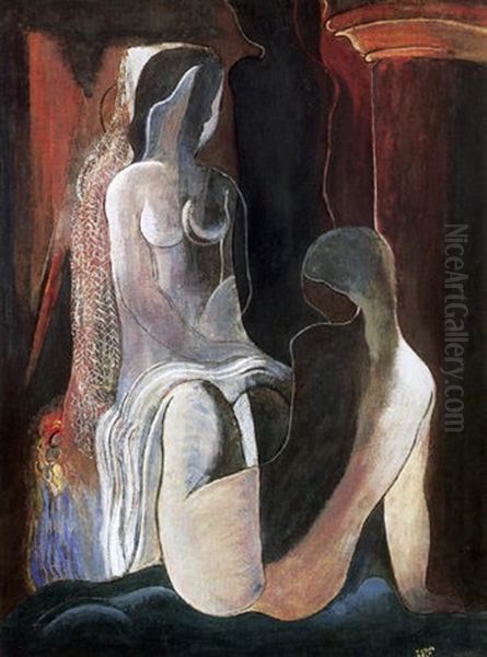 Ket Akt Fatyollal Oil Painting by Bela Kadar