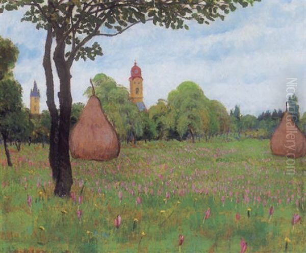 Nagybanya A Kertek Felol Oil Painting by Bela Kadar