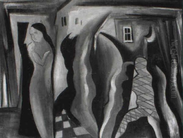 Women In Front Of A House Oil Painting by Bela Kadar