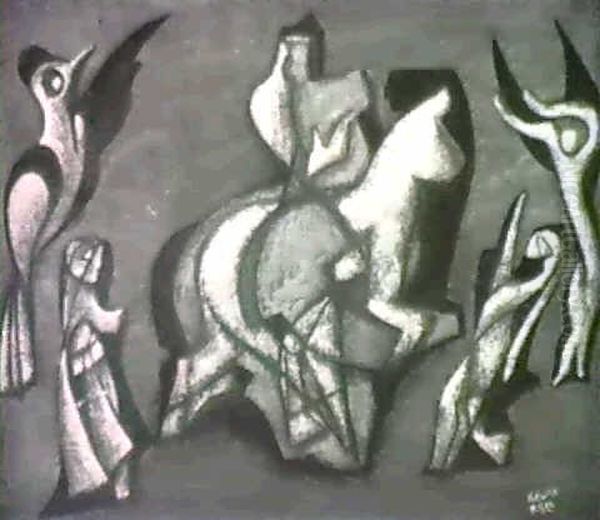 Composition With Rider And Birds Oil Painting by Bela Kadar