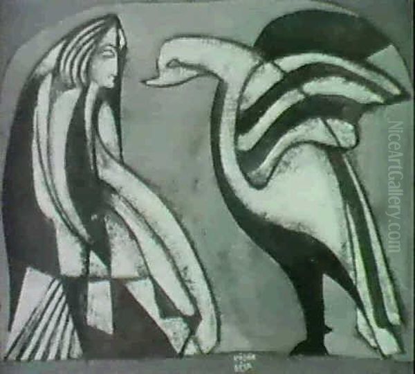 Frau Und Vogel Oil Painting by Bela Kadar