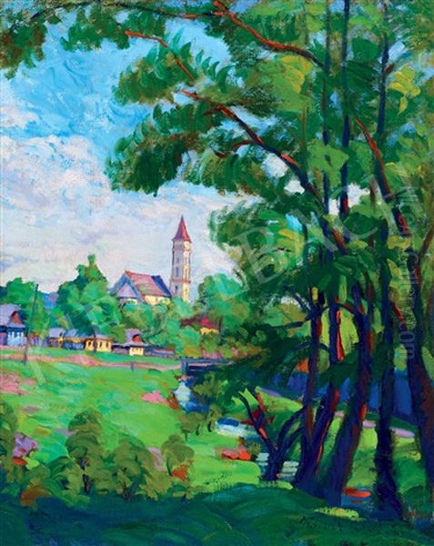 Sunlit Nagybanya Landscape Oil Painting by Geza Kadar