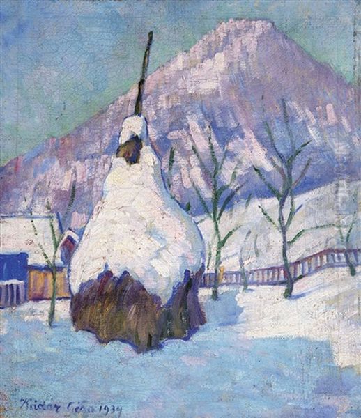 Stacks In Winter Oil Painting by Geza Kadar