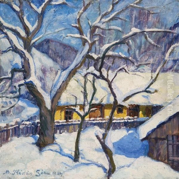 Winter Street In Baia Mare Oil Painting by Geza Kadar