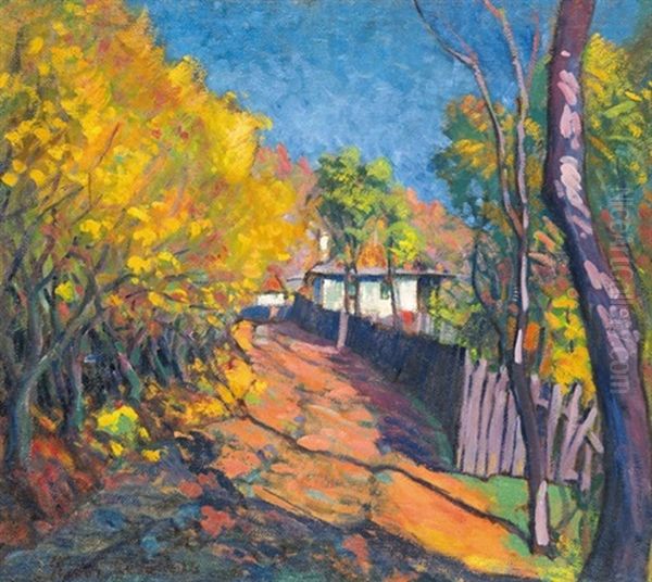 Sunny Street In Baia Mare Oil Painting by Geza Kadar