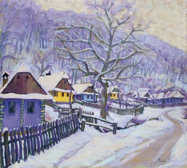 Winter Streets Oil Painting by Geza Kadar