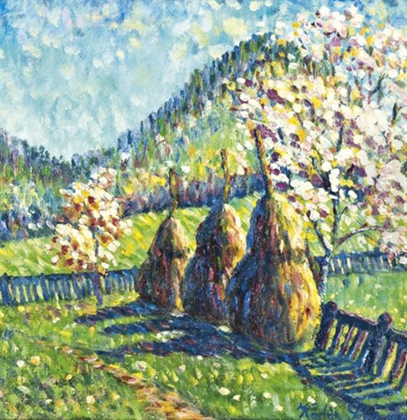 Tavaszi Kert Szenaboglyakkal Oil Painting by Geza Kadar
