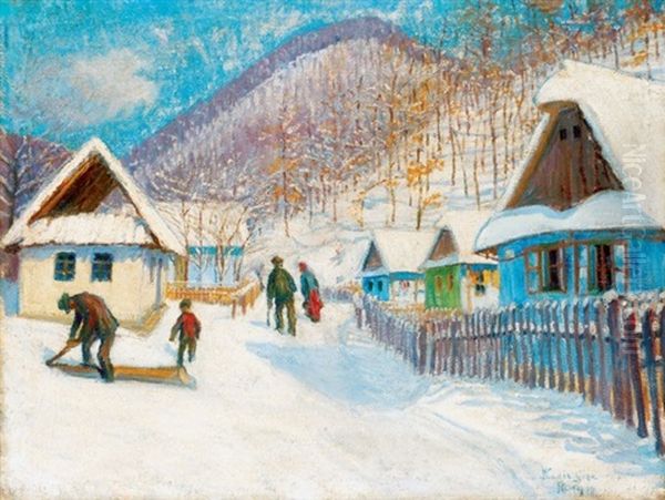 Nagybanya Telen (nagybanya In Winter) Oil Painting by Geza Kadar