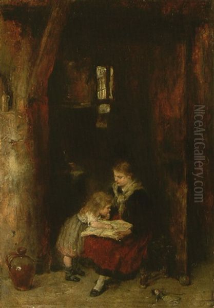Vorlesendes Madchen Mit Kleinem Kind Oil Painting by Hans Kadeder