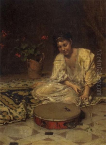An Interior Scene With A Young Girl Playing With A Beetle On A Tambourine Oil Painting by Frederik Hendrik Kaemmerer