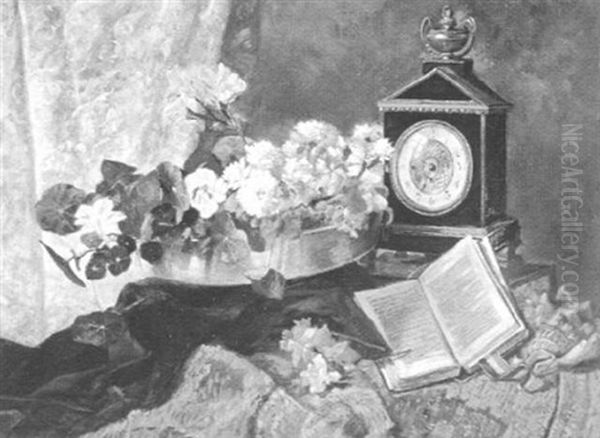 Stilleben Mit Uhr Und Blumen Oil Painting by Josef Kafka