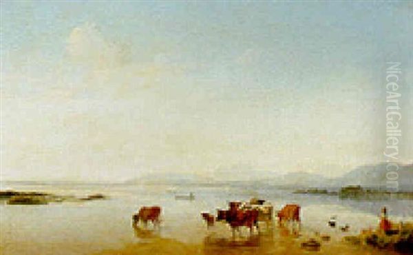 Cattle Watering At A Lakeside Oil Painting by Ernst Kaiser