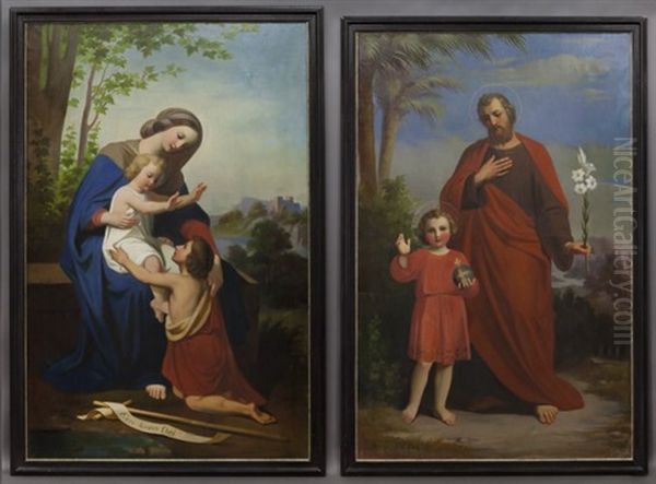 Maria Sitting With Christ And John The Baptist On A Parapet Above A River Landscape; Christ And The Holy Joseph Standing On A Hill Above A River (pair) Oil Painting by Heinrich Kaiser