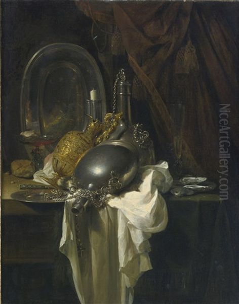 A Still Life With Silver, Pewter And Gilt Objects On A Partly Draped Table Oil Painting by Willem Kalf