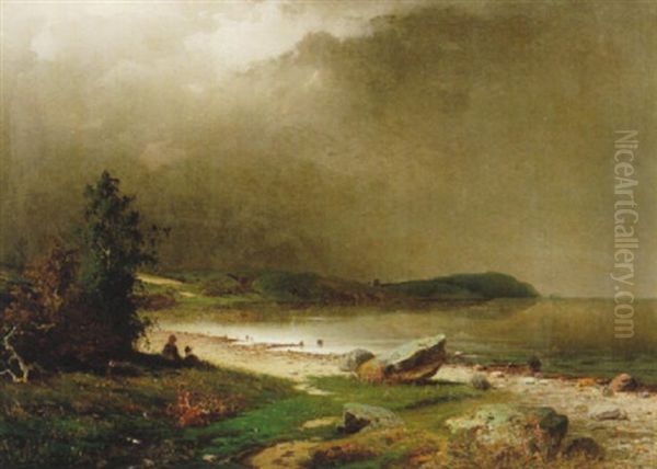 Strandlandskap Med Figurer Oil Painting by Anders Hanson Kallenberg