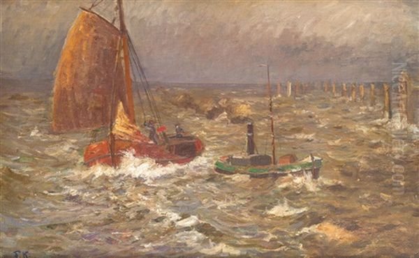 Boote An Sturmischer Nordseekuste Oil Painting by Friedrich Kallmorgen