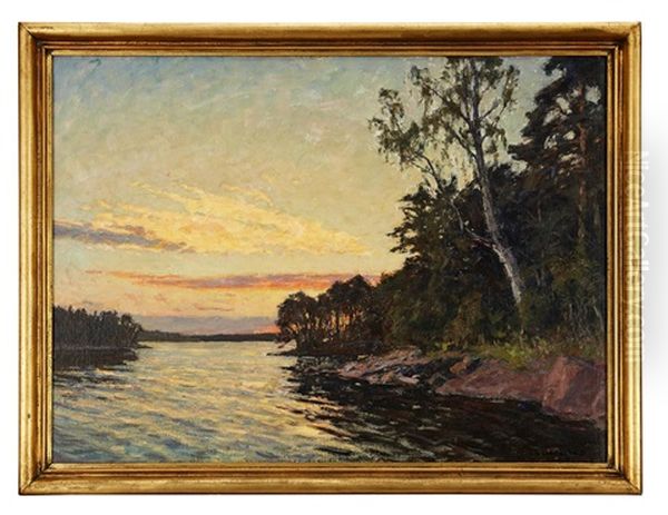 Skargardslandskap Med Nedgaende Sol Oil Painting by Gottfrid Kallstenius