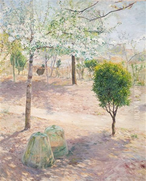 Garden Scene From Grez Oil Painting by Gottfrid Kallstenius