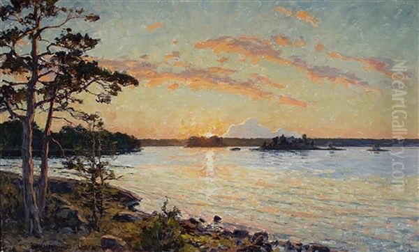 Solbelyst Skargardslandskap Med Tallar Oil Painting by Gottfrid Kallstenius