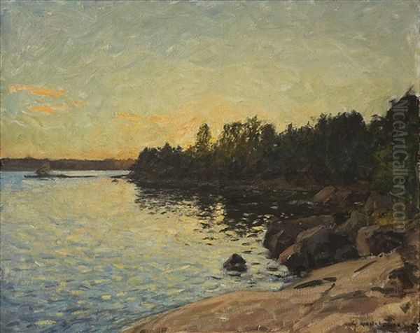 Skargardsvik Med Klipphallar Och Trad Oil Painting by Gottfrid Kallstenius