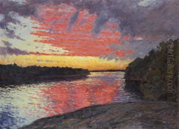 Solnedgang I Skargarden Oil Painting by Gottfrid Kallstenius