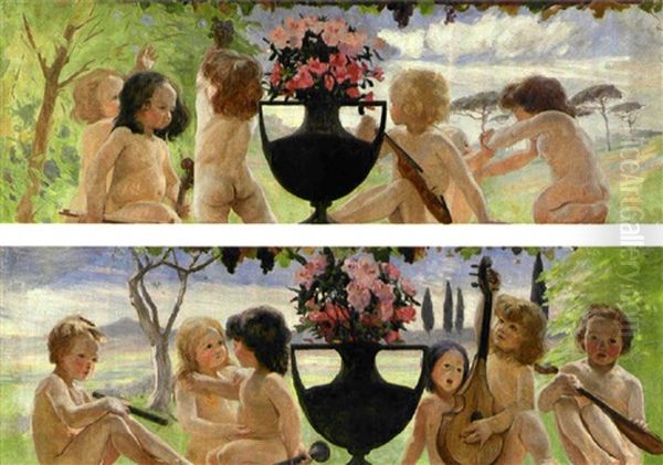 Musicerande Amoriner (pair Of Wall Panels) Oil Painting by Gottfrid Kallstenius