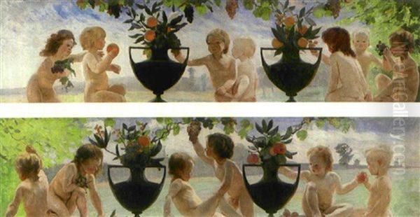 Skordande Amoriner (pair Of Wall Panels) Oil Painting by Gottfrid Kallstenius