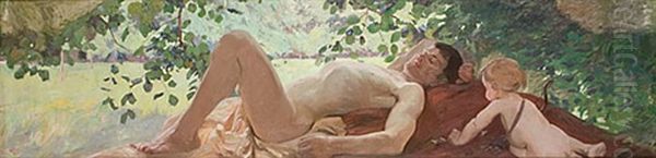 Sovande Yngling Och Amor Oil Painting by Gottfrid Kallstenius