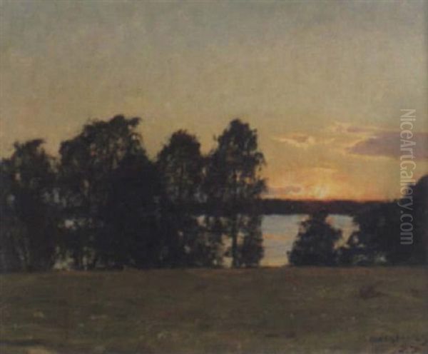 Solnedgang I Insjolanskap Oil Painting by Gottfrid Kallstenius