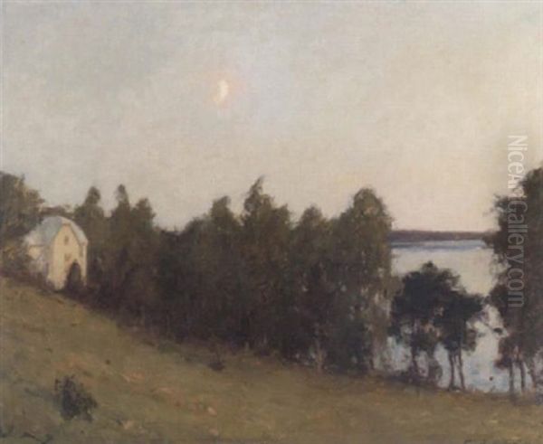 Sommarnatt - Stjolandskap Med Hus Oil Painting by Gottfrid Kallstenius